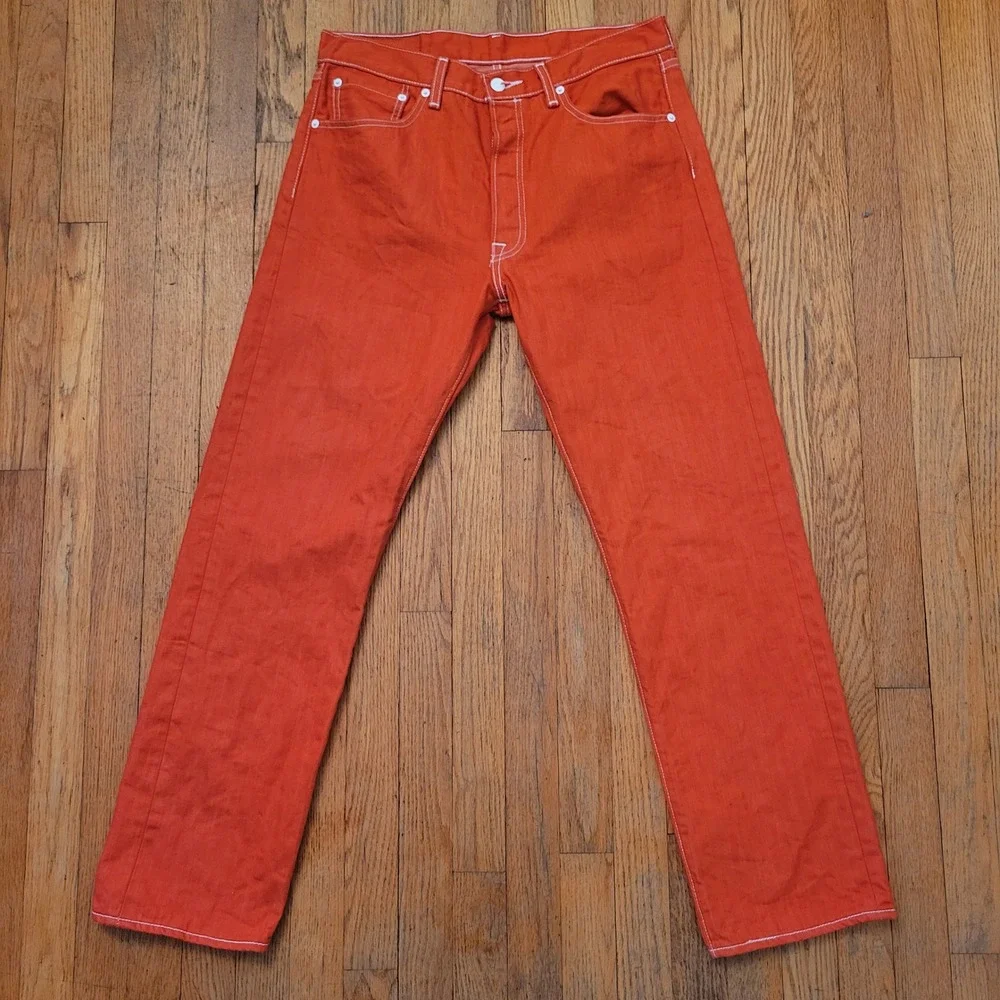 Levis 34x32 Jeans Orange Red Straight Leg White Contrast Stitch 501 Retro 90s